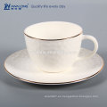 Pure White gild línea cena conjunto taza y platillo en relieve diseño 6 piezas plato y taza conjunto